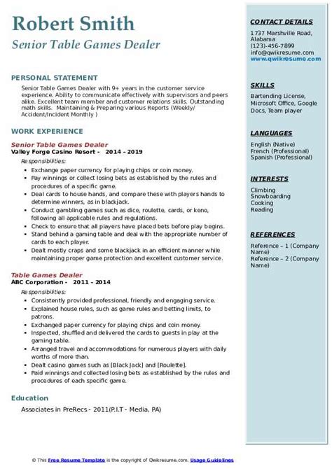 casino table games dealer resume.